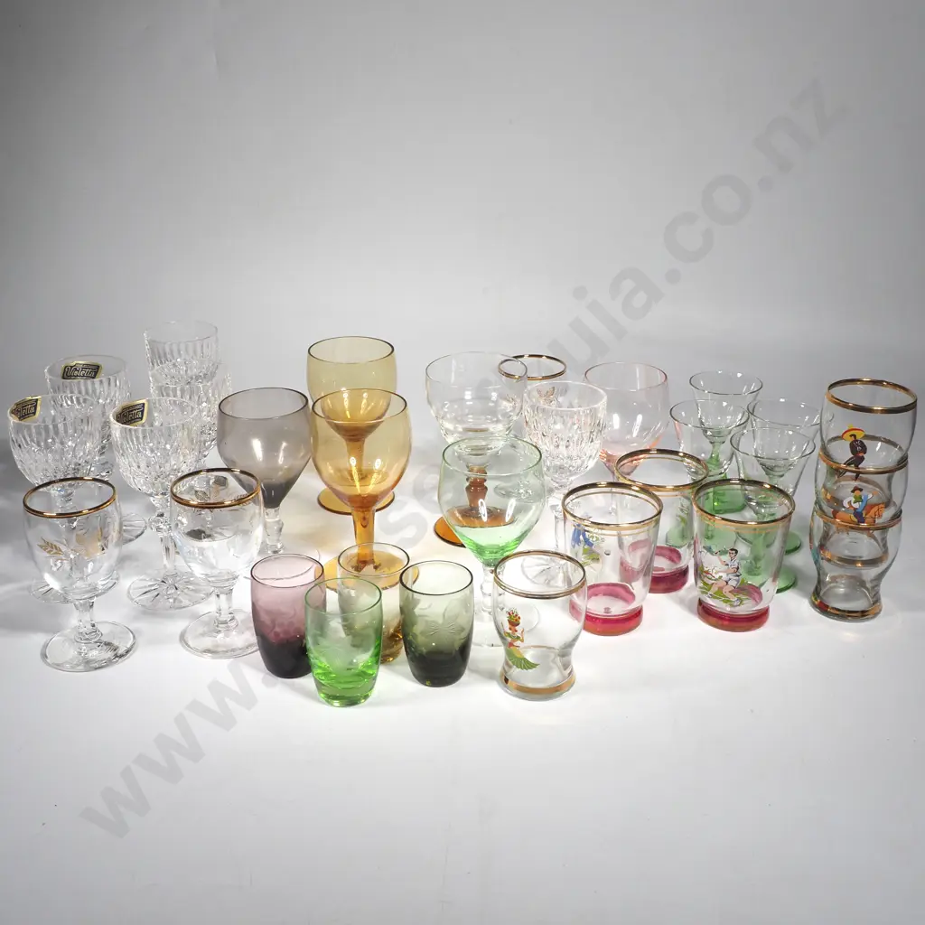 Vintage Part Sets of Small Coloured Sherry, Liqueur/Shots Glassware including Sports Themed Glasses & Harlequin Glasses Image 1++