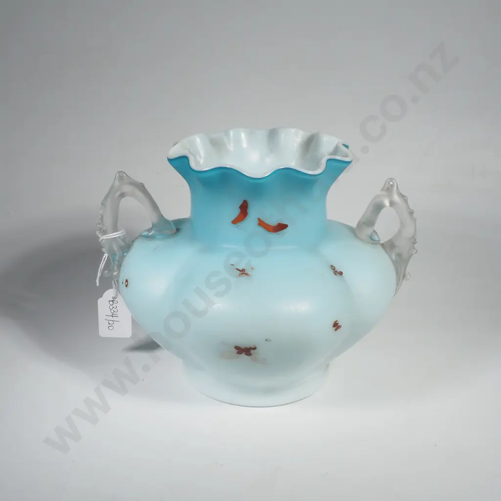 Victorian Blue Satin Fenton Art Glass Vase w Clear Handles Image 1++
