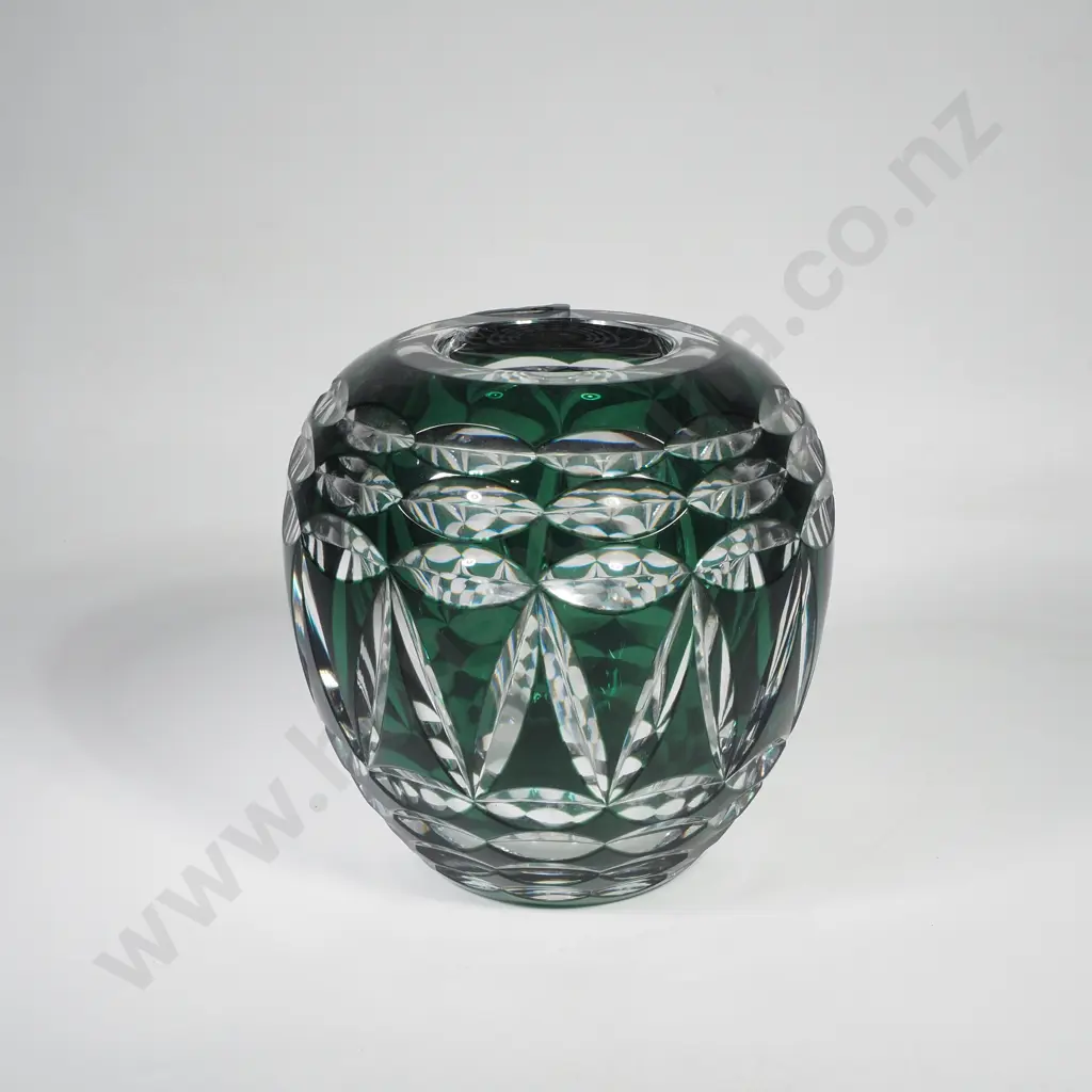 Heavy Emerald Green Cut to Clear Crystal Vase or Rose Bowl, Possibly Val St Lambert Image 1++