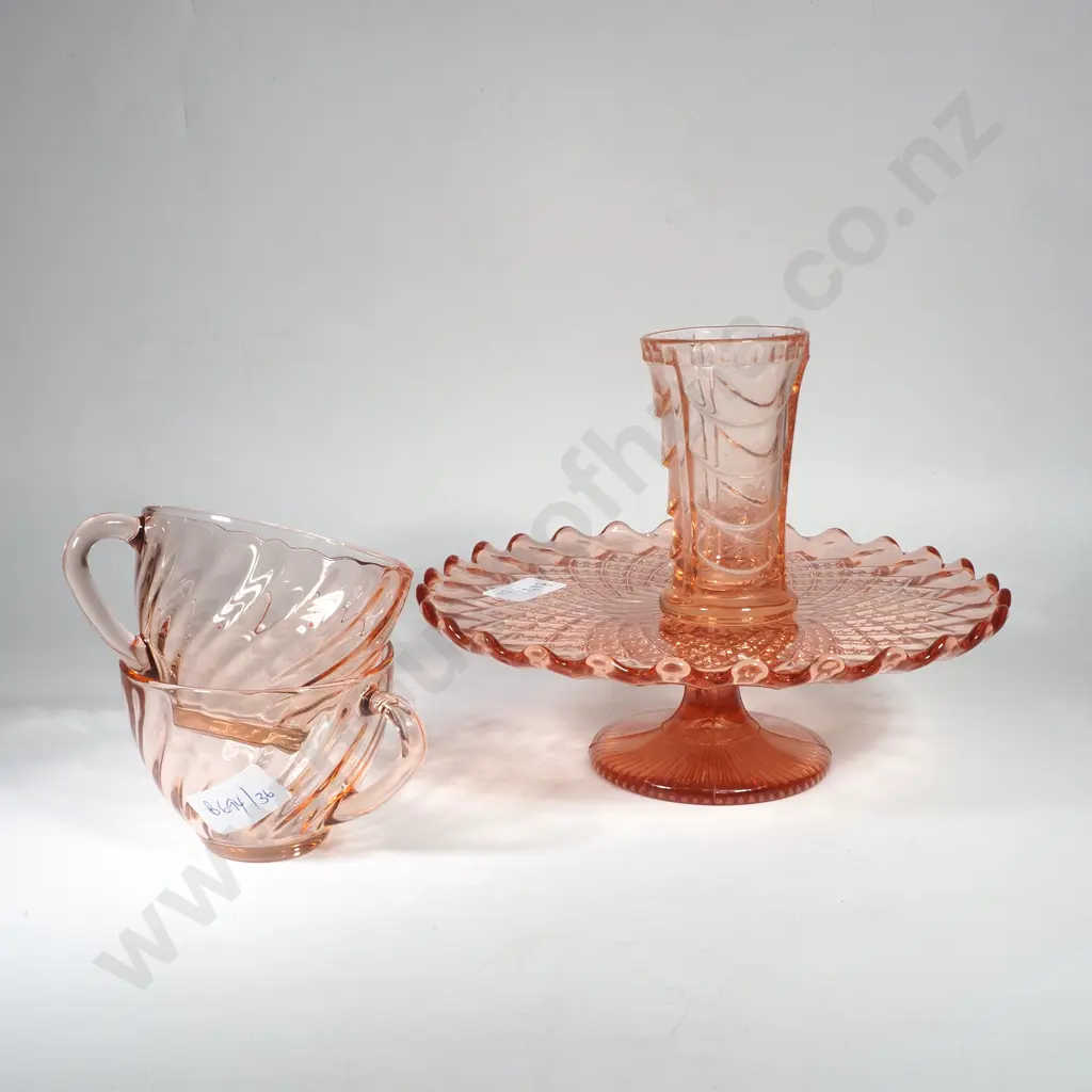 Vintage Pink Depression Glass Cake Stand, Small Vase & Two Arcoroc Cups Image 1++