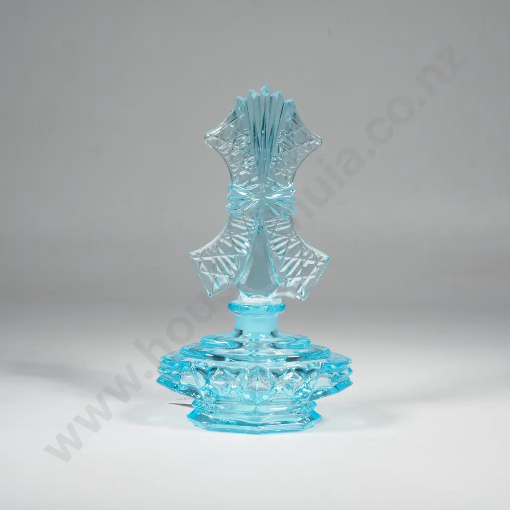 Mid Century Aquamarine Blue Czech Glass Perfume Bottle w Fan Shaped Stopper Image 1++
