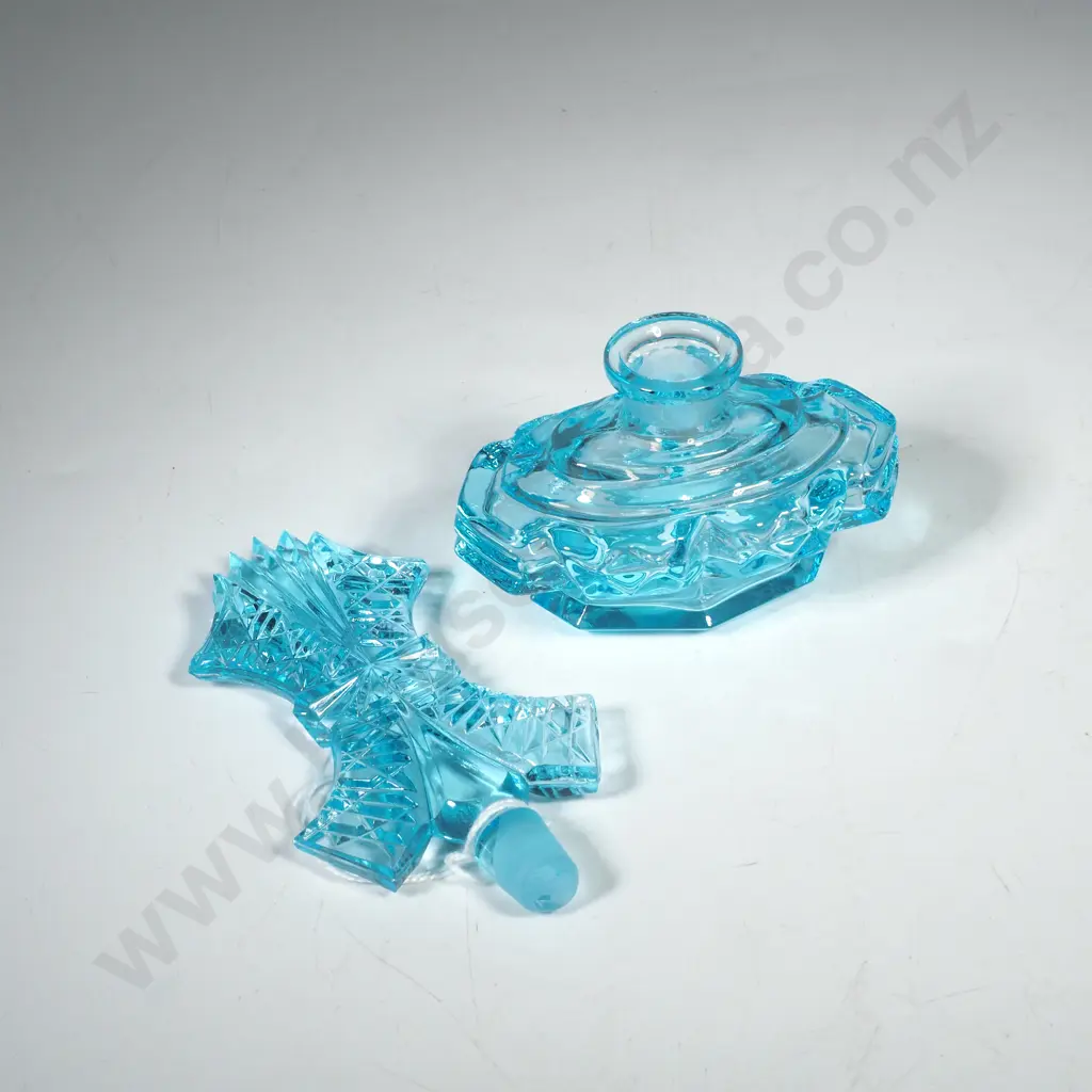 Mid Century Aquamarine Blue Czech Glass Perfume Bottle w Fan Shaped Stopper Image 1++