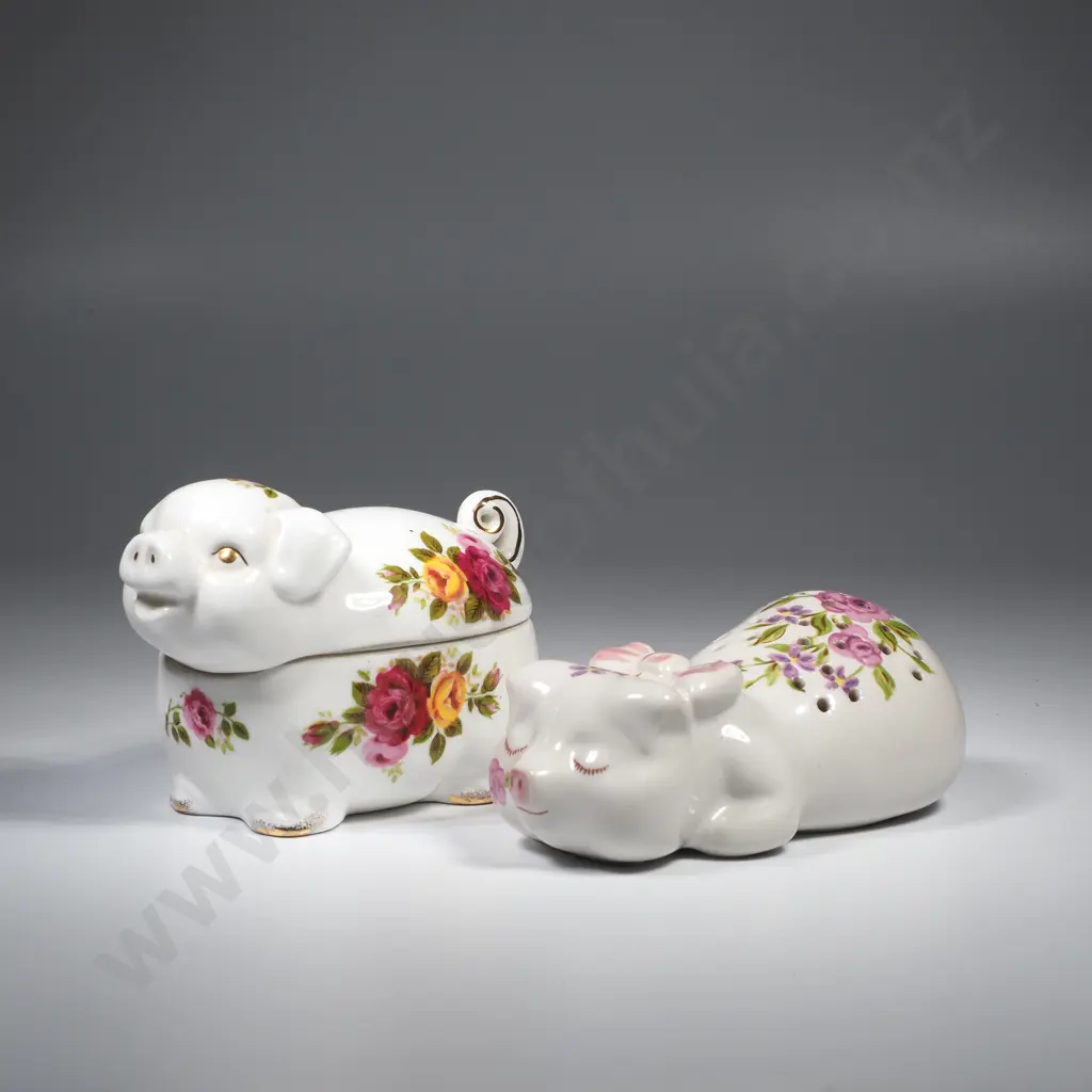 Vintage Avon Sleeping Pig Pomander/Pot Pourri & a Fine Bone China Pig Trinket Box, Both w Floral Decorations Image 1++