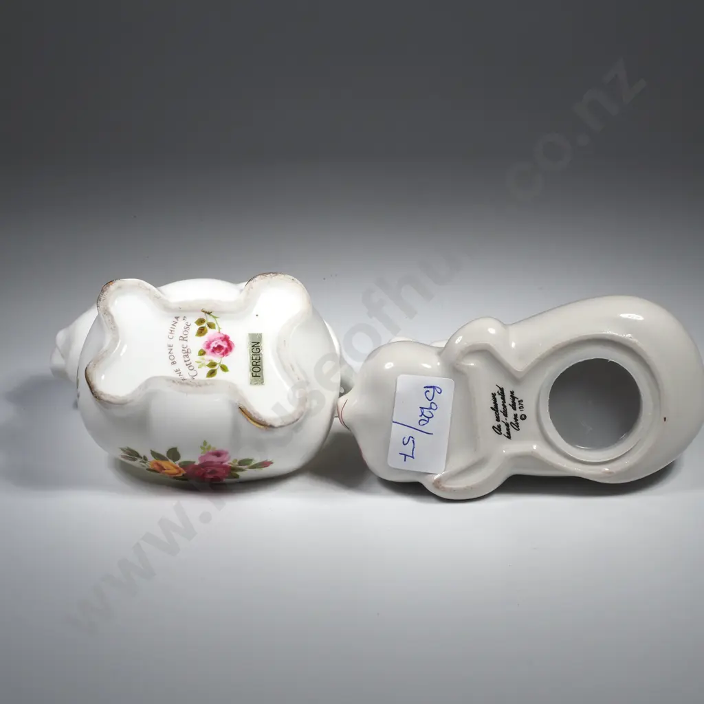Vintage Avon Sleeping Pig Pomander/Pot Pourri & a Fine Bone China Pig Trinket Box, Both w Floral Decorations Image 1++