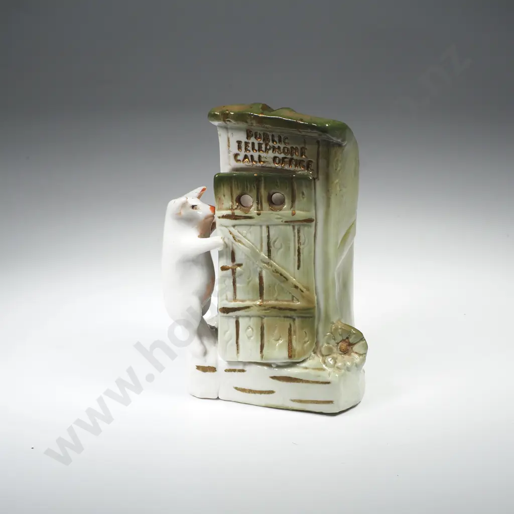 Antique German Porcelain Fairing Money Box depicting a Comical Pig at an 'Out House' Style Public Telephone Booth Image 1++