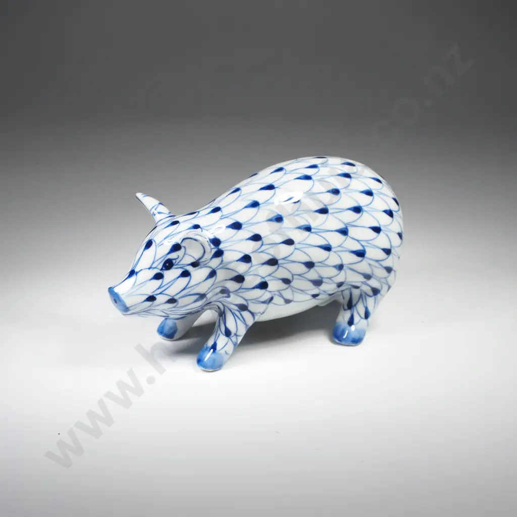 Hand Painted Blue & White Herend Style Pig in the Fishnet Pattern, Possibly by Andrea Sadek Image 1++