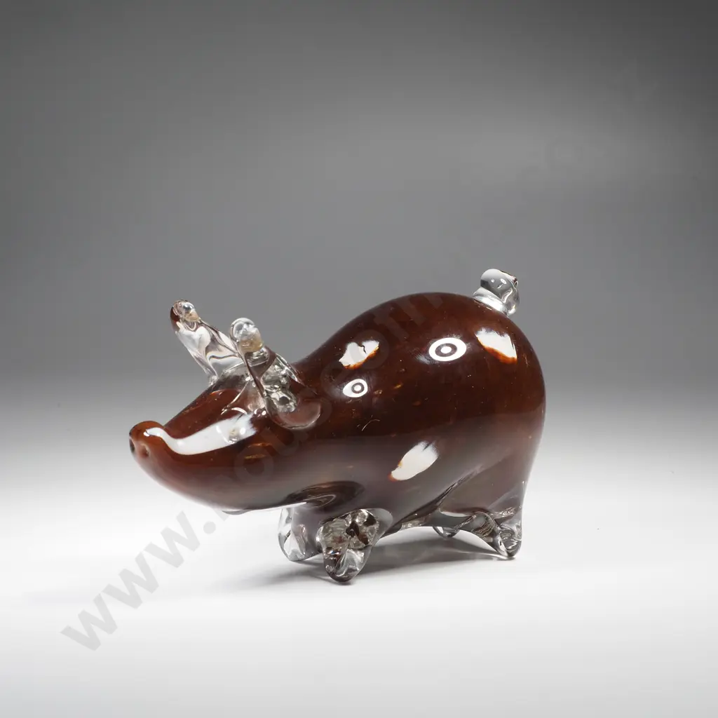 Vintage Hand-Blown Art Glass Pig Figurine in Dark Brown w White Glass Accents & Clear Glass Ears, Feet & Tail Image 1++
