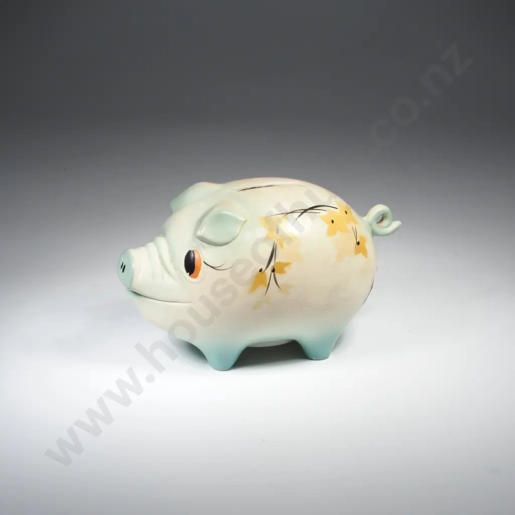 Vintage Ceramic Pig Money Box in Cream & Blue Glaze w Handpainted Yellow Accents Image 1++