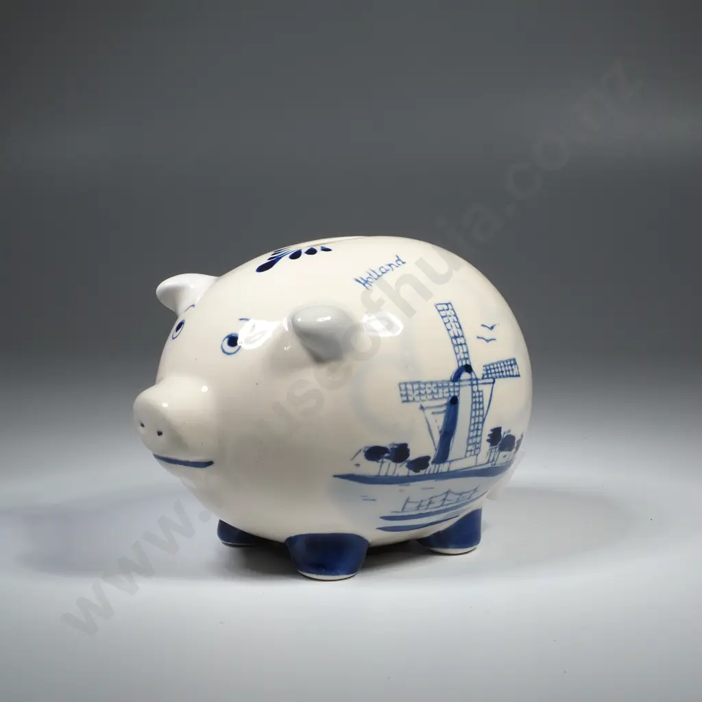 Delft Blue & White 'Piggy Bank' w Windmill Scene Image 1++