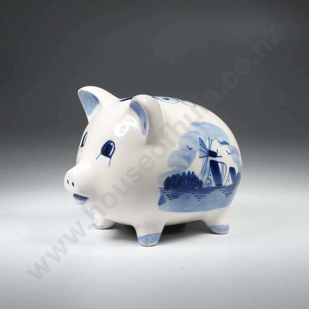 Delft Blue & White 'Piggy Bank' w Windmill Scene Image 1++