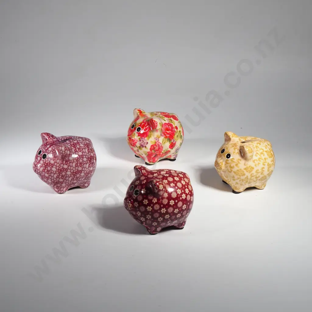 Four Small Colourful Ceramic Piggy Banks w Printed Patterns Image 1++