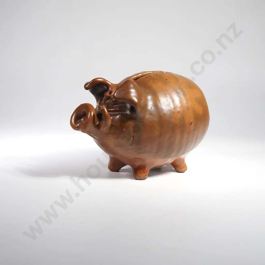 Brown Glazed Stoneware Pottery Piggy Bank w Curly Snout Image 1++