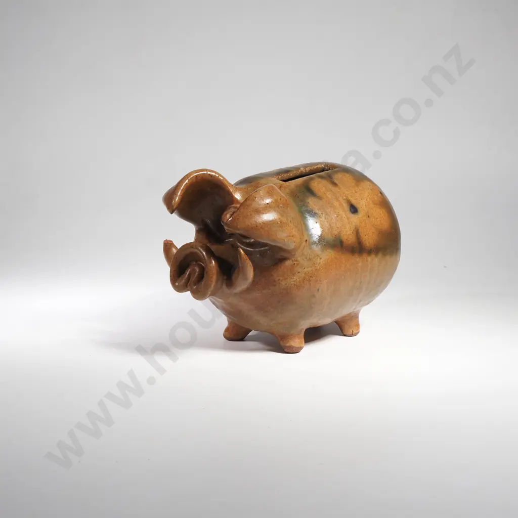Brown Glazed Stoneware Pottery Piggy Bank w Curly Snout w Floral Decoration Image 1++