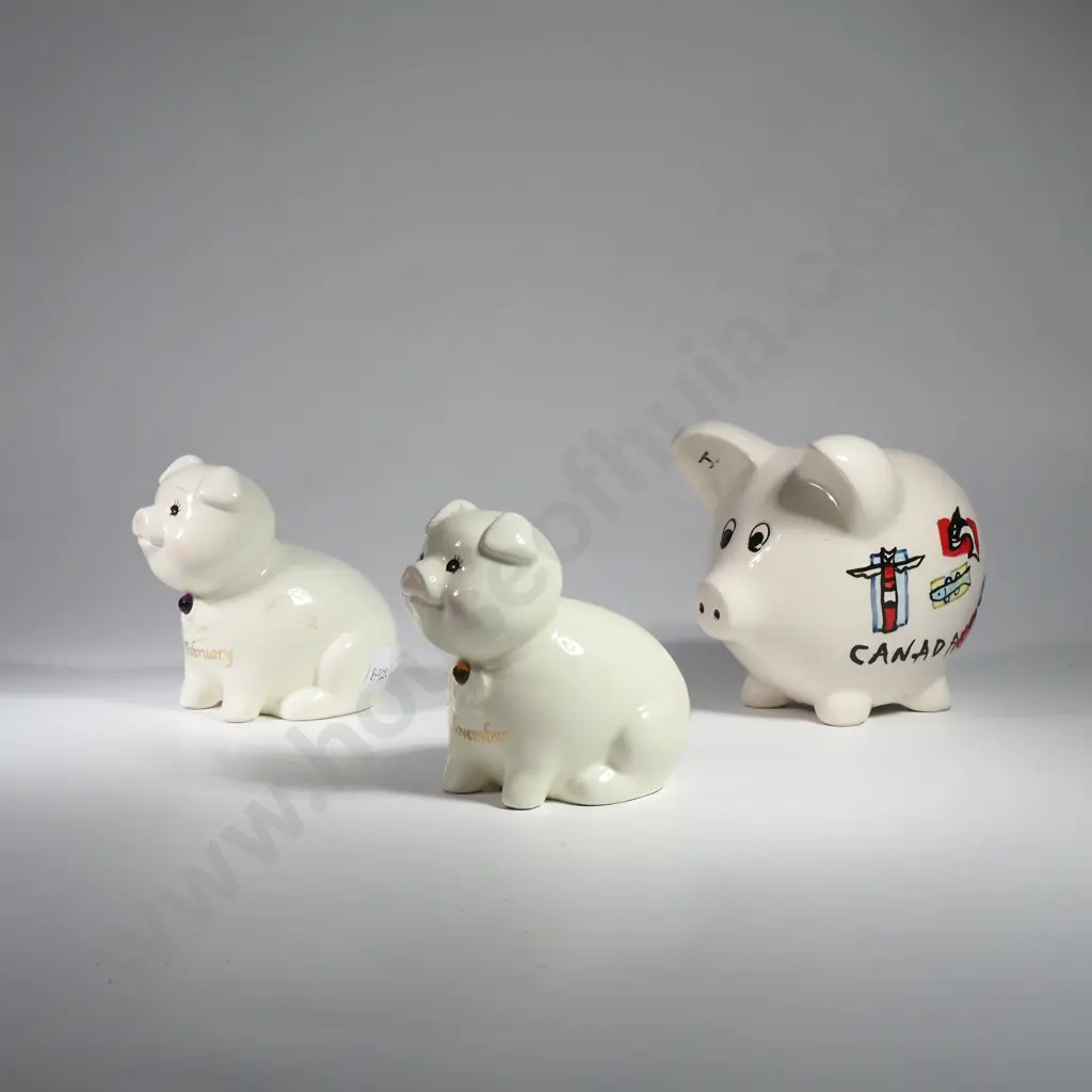 Three White Ground China Piggy Banks, One w Souvenir of Canada Image 1++