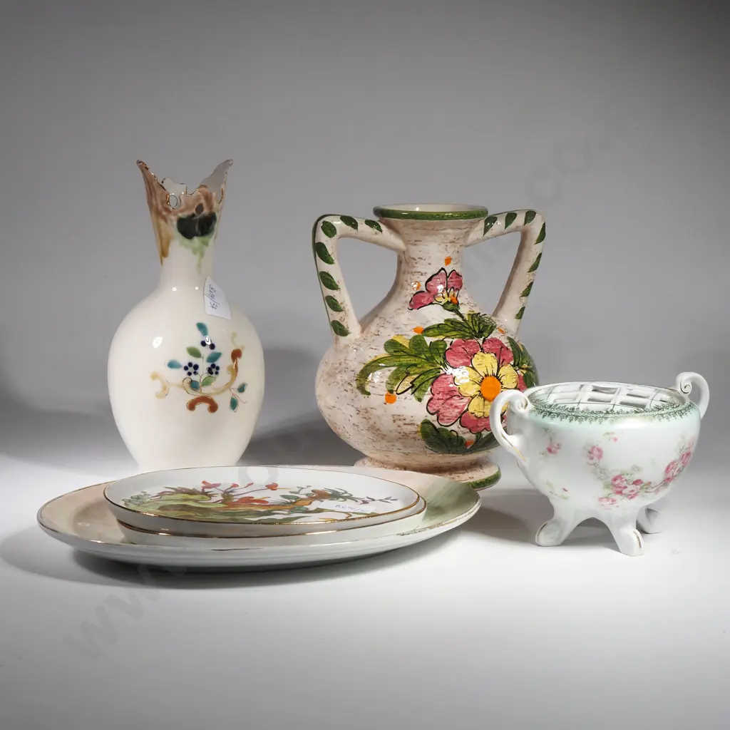 Double Handled Pottery Vase,Porcelain Vase, Victoria Ware Rose Bowl & Three Oval Handpainted Plates,all w Floral Designs Image 1++
