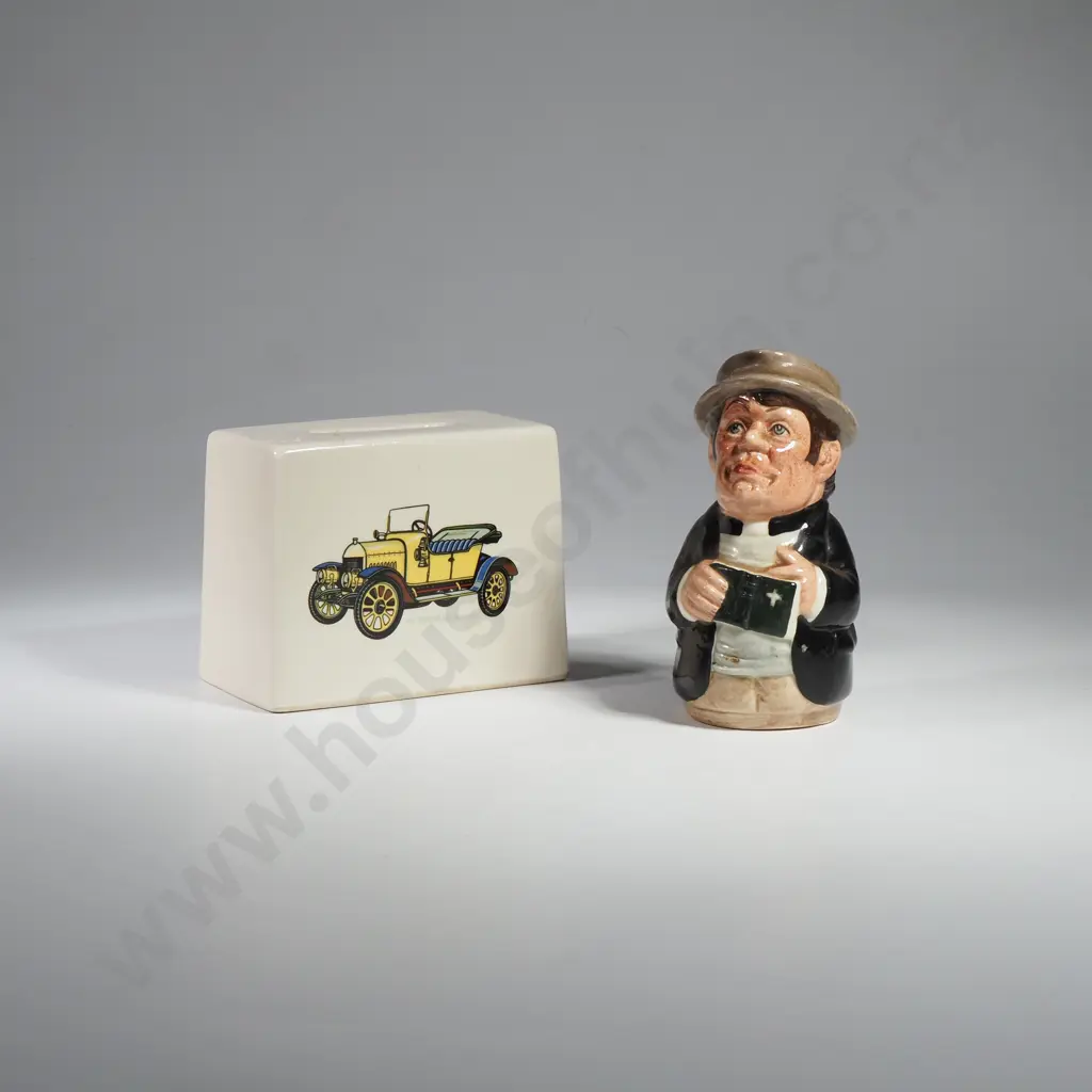 Vintage Ceramic Money Box w Personalised Name Ian & w Vintage Car Illustrations to Both Sides & a Royal Doulton Toby Jug Image 1++