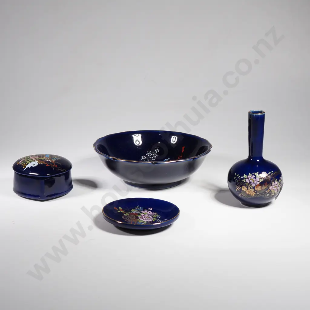Four Japanese Cobalt Blue Items including a Heart Shaped Trinket Box, Trinket Dish, Vase & Bowl Image 1++