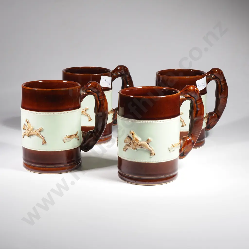 Set of Four Bourne Denby English Stoneware Tankards Embossed w Fox Hunting Theme Image 1++