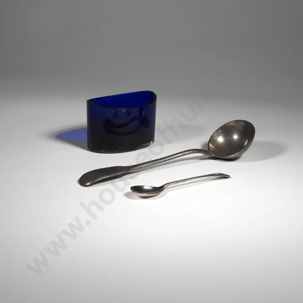 Small Pewter Ladle, Blue Glass Liner & EP Mustard Spoon Image 1++