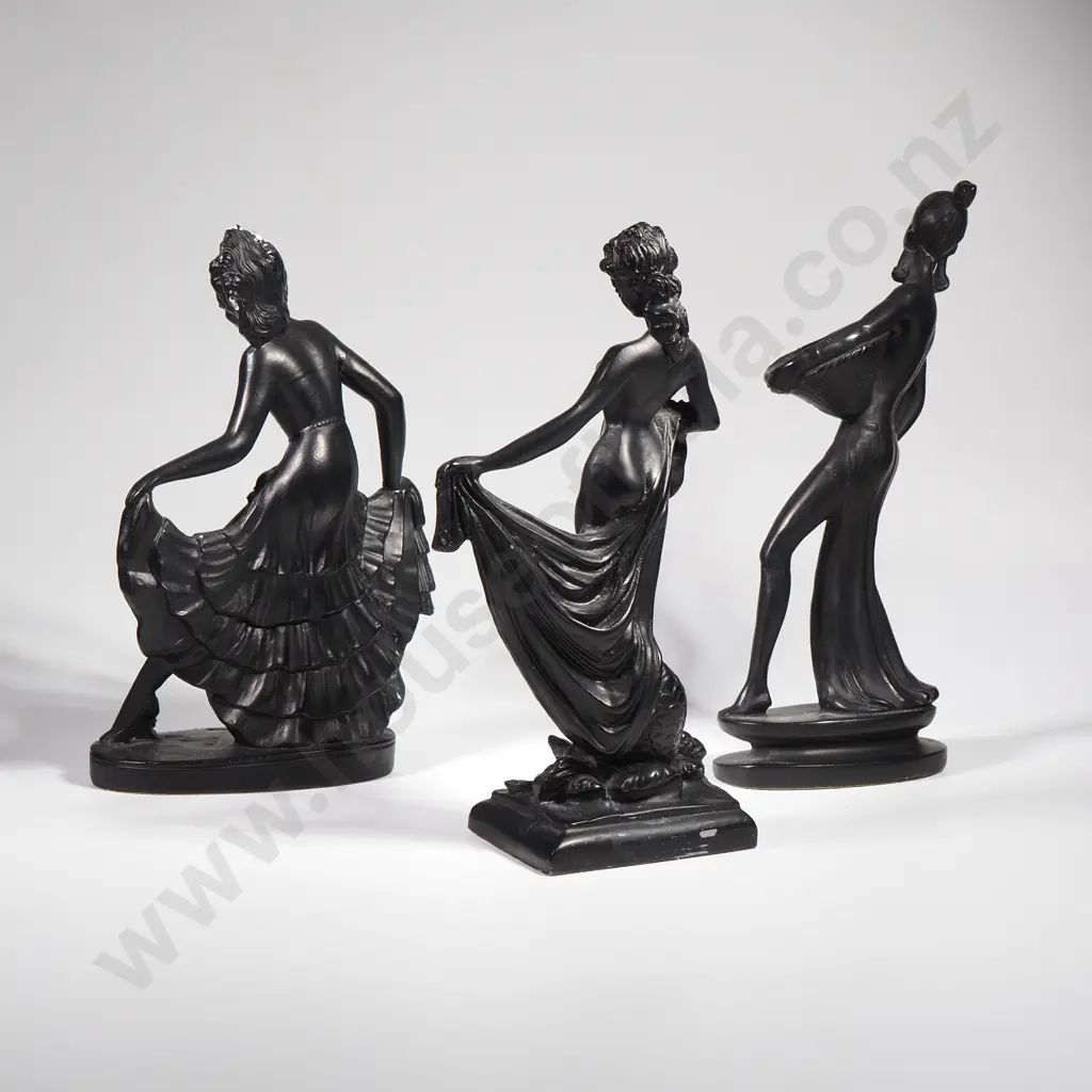 Set of Three Vintage Black Finished Sculptures depicting Stylized Female Dancers & Figure in Mid Century Style Image 1++