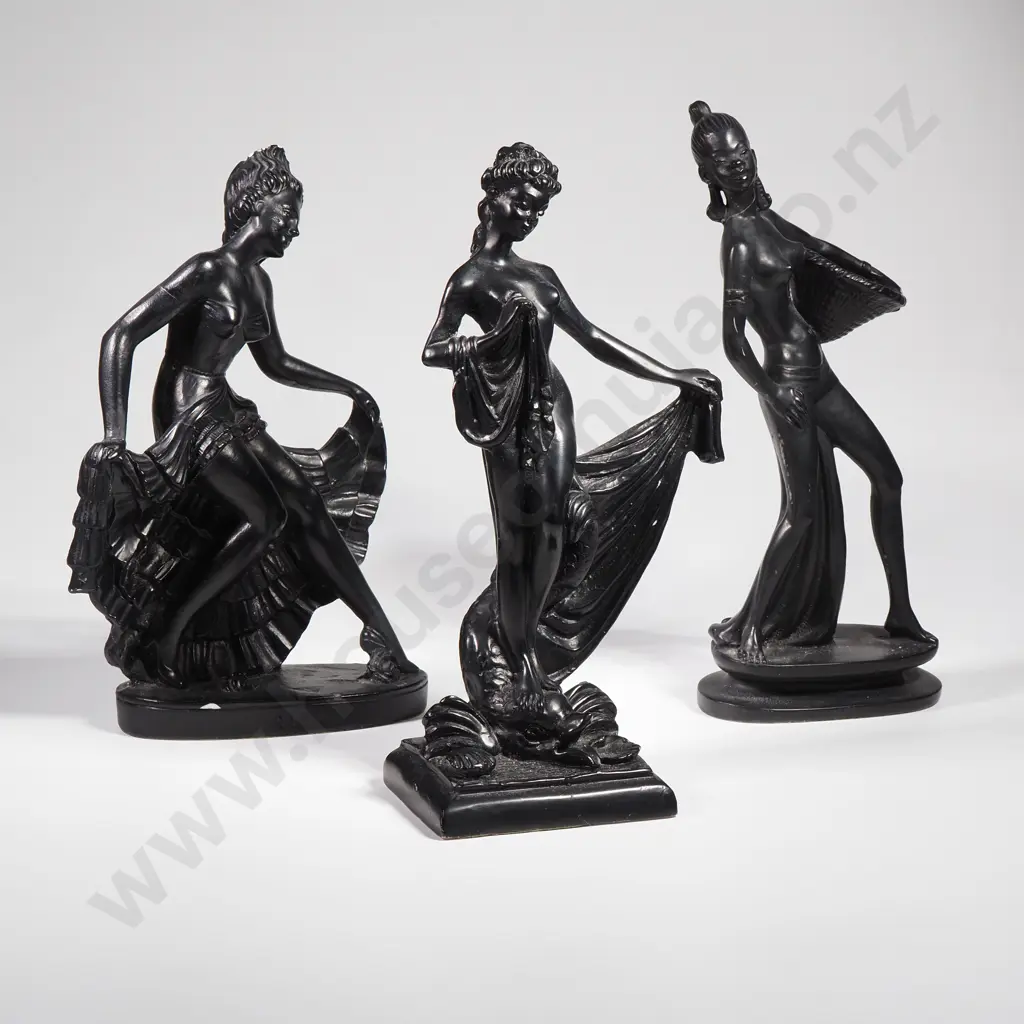 Set of Three Vintage Black Finished Sculptures depicting Stylized Female Dancers & Figure in Mid Century Style Image 1++