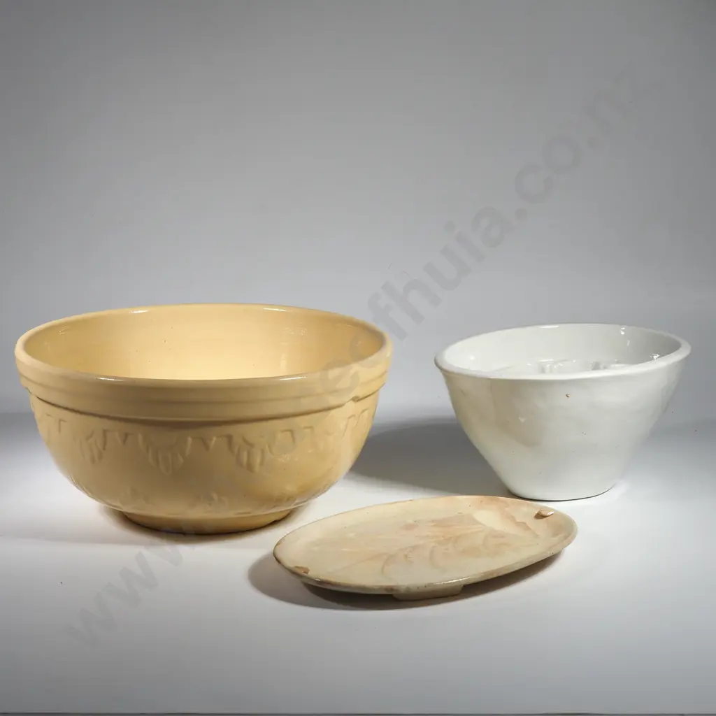 Vintage Yellow Glazed Mixing Bowl, White China Jelly Mould & an Antique Small Well & Tree Draining Platter for Asparagus Image 1++