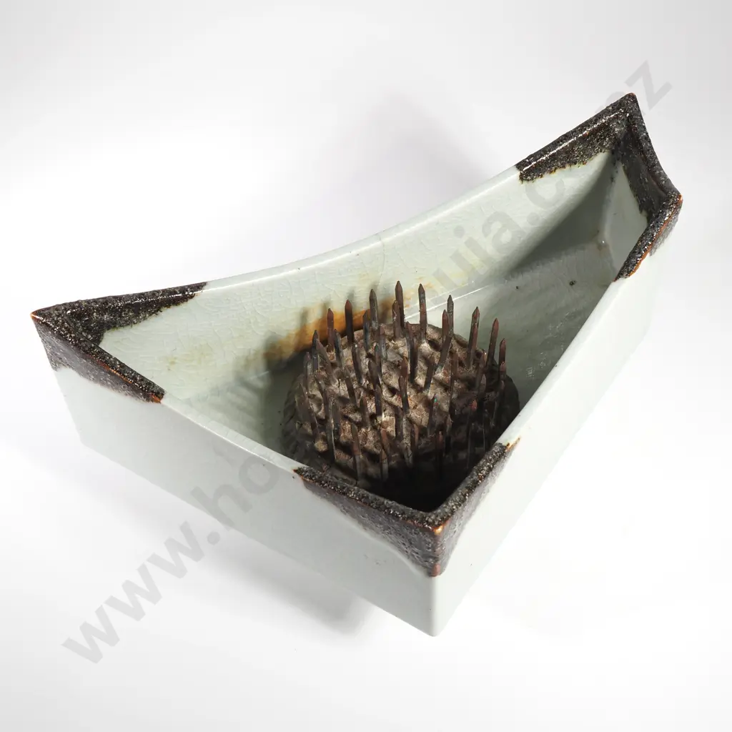 Vintage Japanese Footed Ikebana Vase with Pale Teal Glaze Image 1++