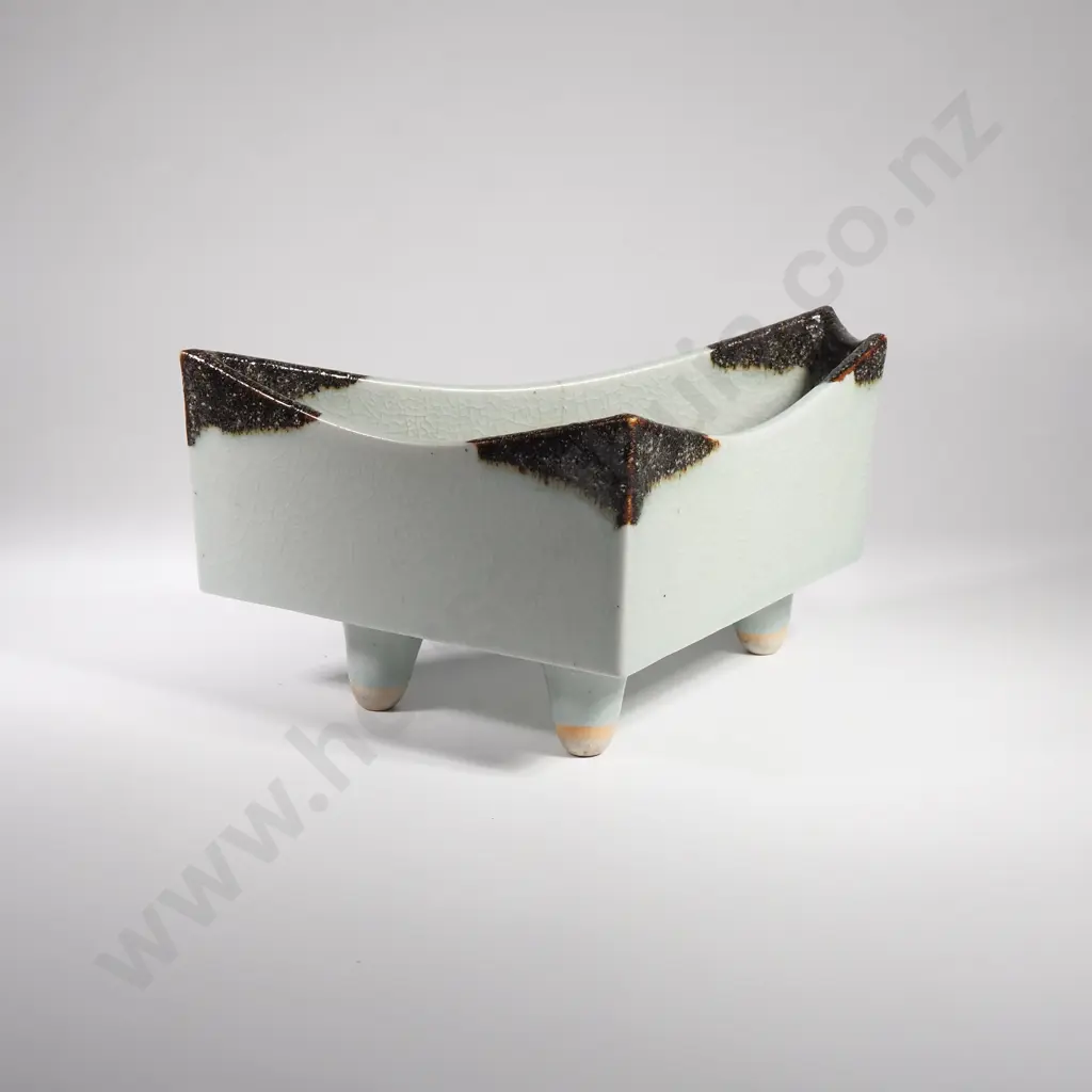 Vintage Japanese Footed Ikebana Vase with Pale Teal Glaze Image 1++
