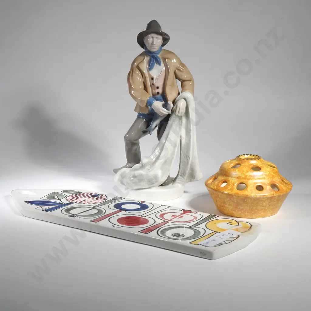 A Selection of Pottery to Include a Fisherman, Yellow Ceramic Flower Frog & a Swedish Wall Hung Ceramic Decorative Piece Image 1++