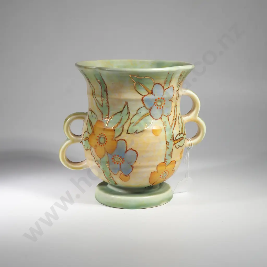 Crown Devon Fieldings Art Deco Mattita Or Mattjade Line Vase w Multi Lobed Stacked Ear Handles, Shape No 1342 Image 1++