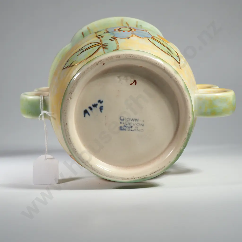 Crown Devon Fieldings Art Deco Mattita Or Mattjade Line Vase w Multi Lobed Stacked Ear Handles, Shape No 1342 Image 1++