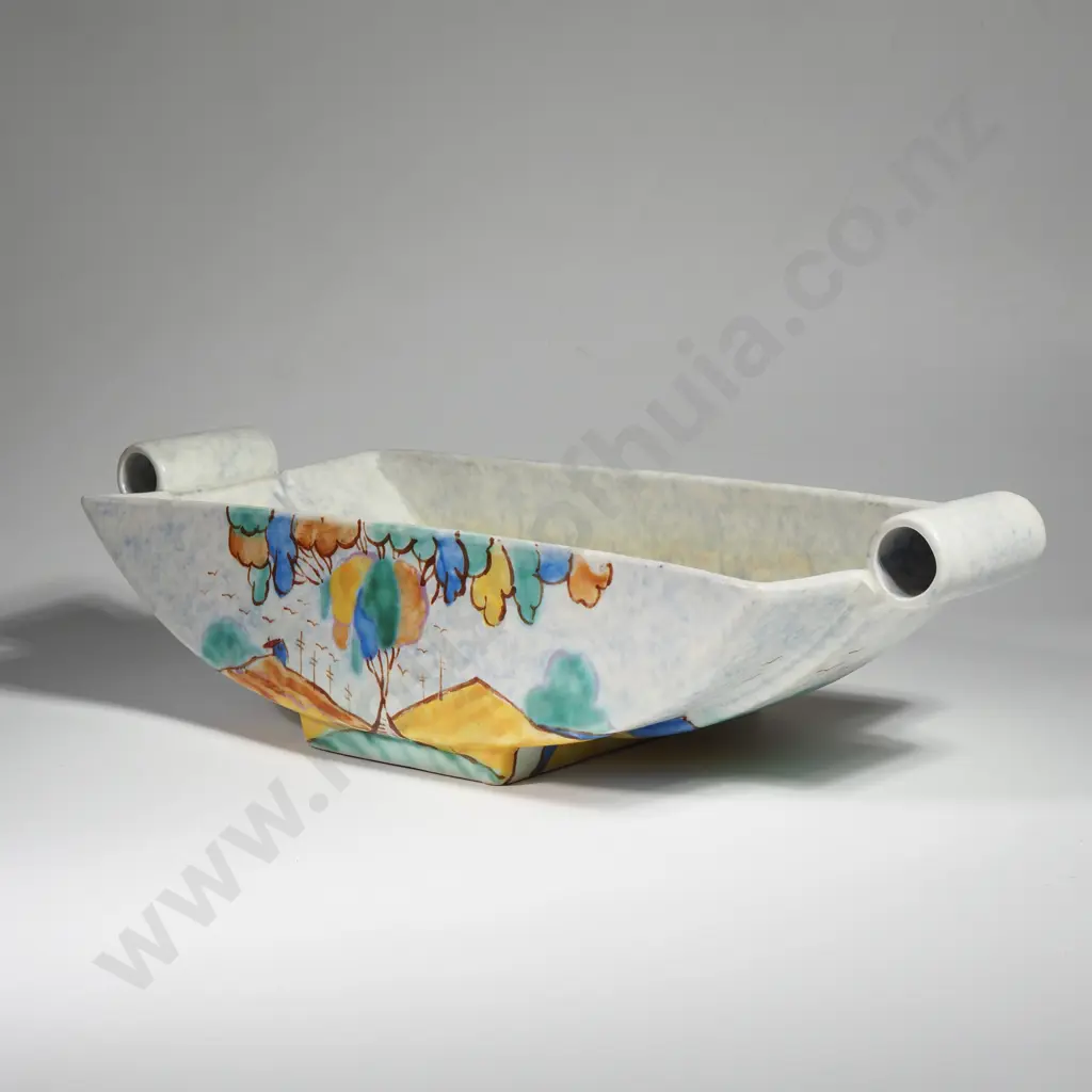 Beswick Geometric Footed Trough Vase, Impressed No. 165 in the 'Tree Pattern' w Cloud Like Trees in Blue, Yellow & Green Image 1++