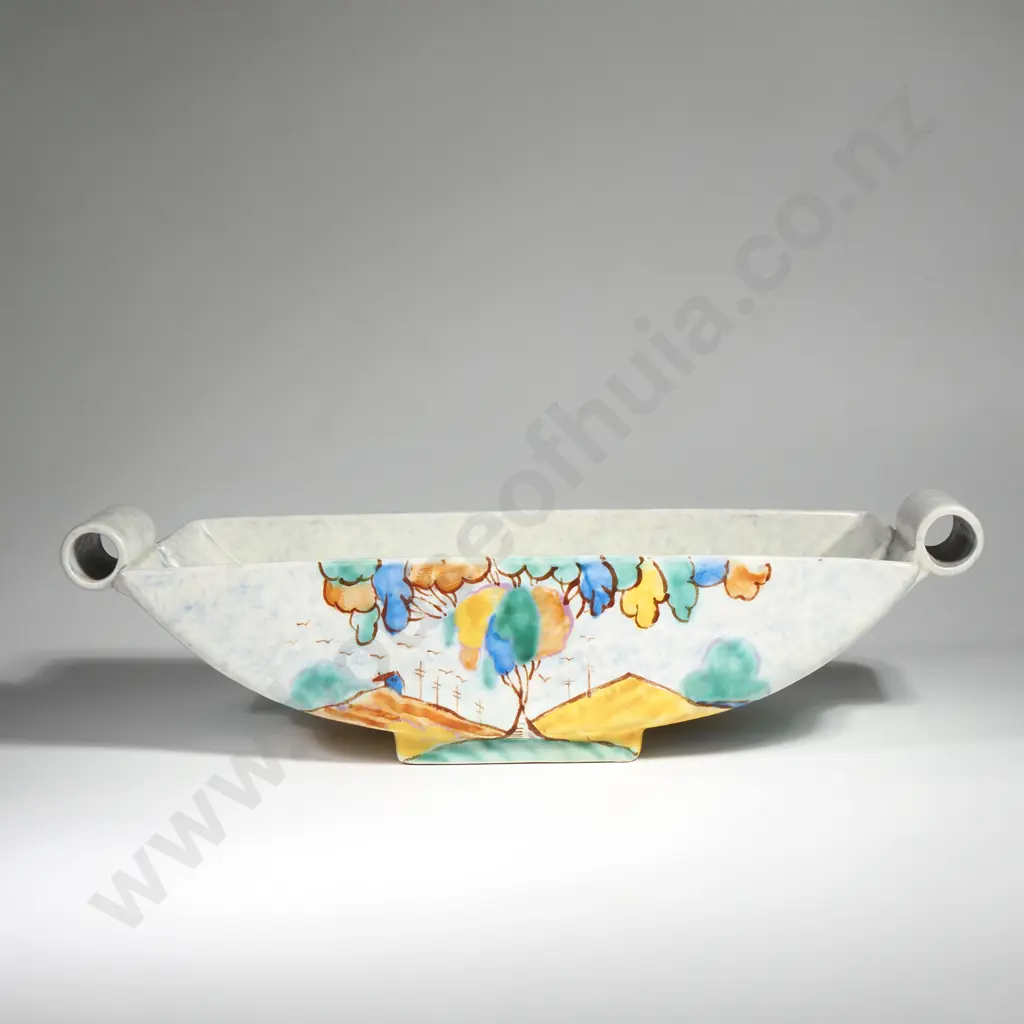 Beswick Geometric Footed Trough Vase, Impressed No. 165 in the 'Tree Pattern' w Cloud Like Trees in Blue, Yellow & Green Image 1++