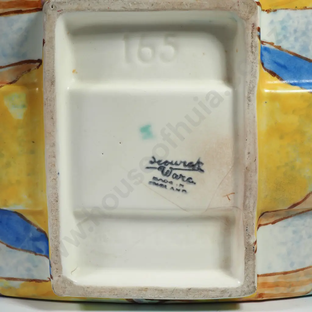 Beswick Geometric Footed Trough Vase, Impressed No. 165 in the 'Tree Pattern' w Cloud Like Trees in Blue, Yellow & Green Image 1++