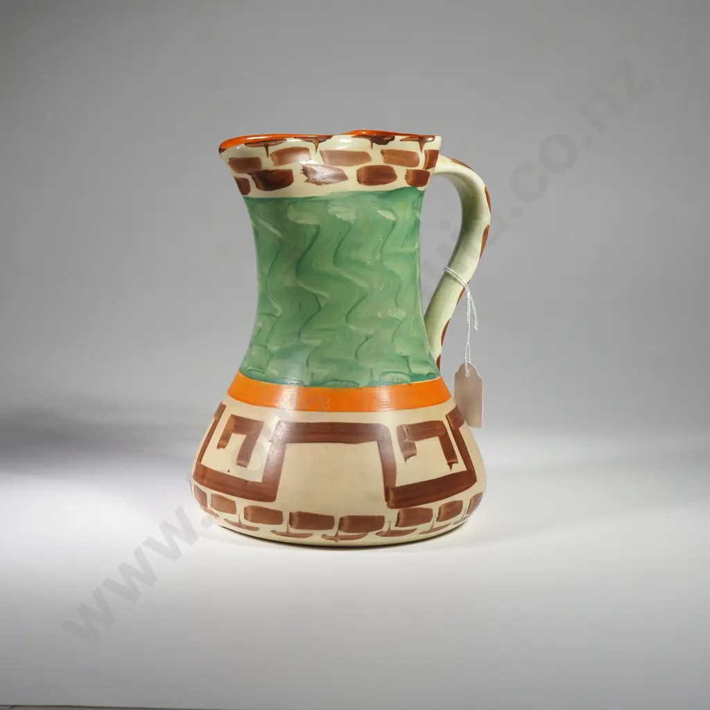 Vintage Myott Handpainted Ceramic Jug w Chicken Neck Shape & Geometric & Wavy Pattern in Green, Orange, Brown & Cream Image 1++