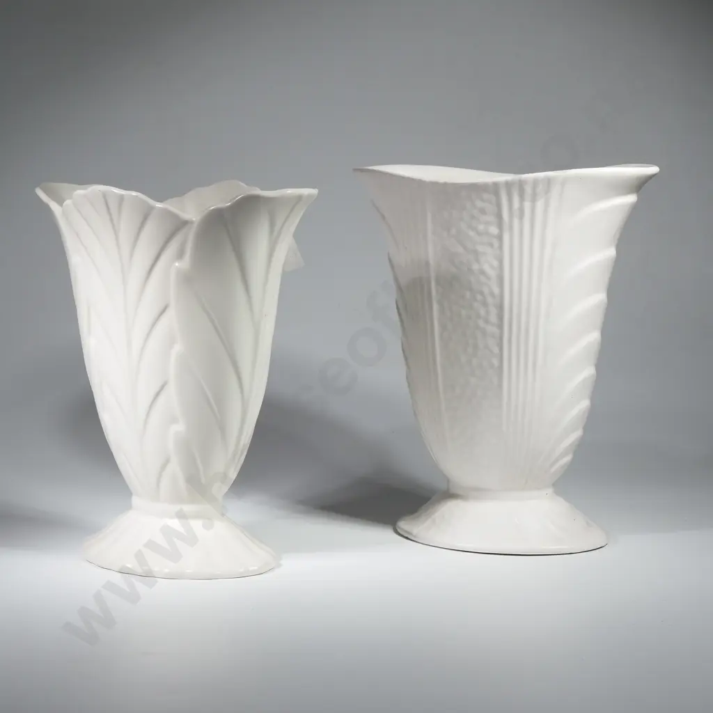 Vintage Beswick Cream Ceramic Fan Shaped Vase w Embossed Leaf Decoration & White Pottery Bubble Strip Vase Image 1++