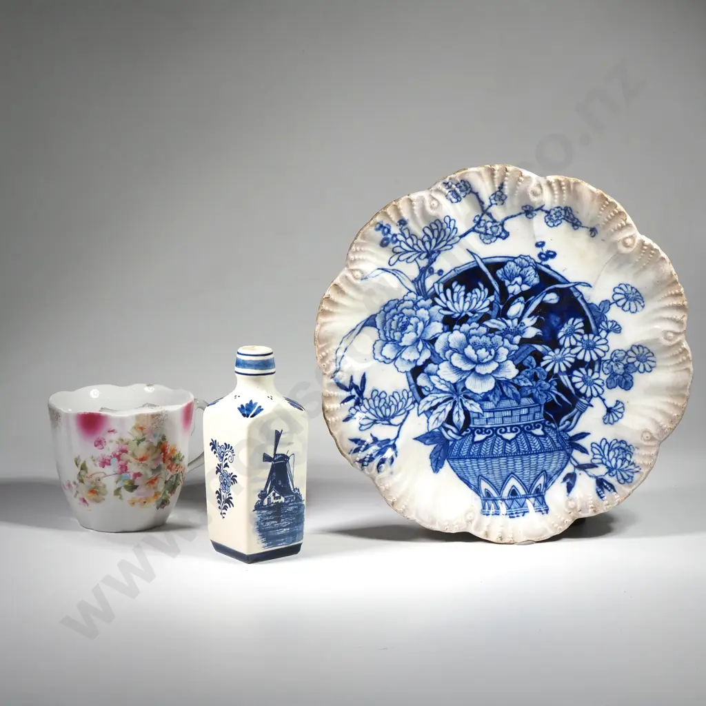 Antique Staffordshire Plate w Small Delft Bottle & Moustache Cup Image 1++