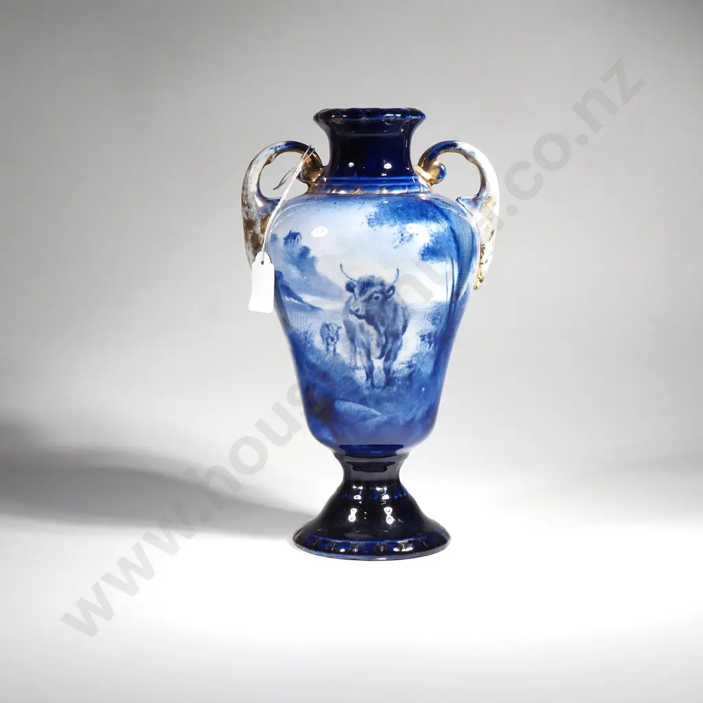 Antique Flow Blue Double Handled Vase w Cattle Scene & Gilt Highlights Image 1++
