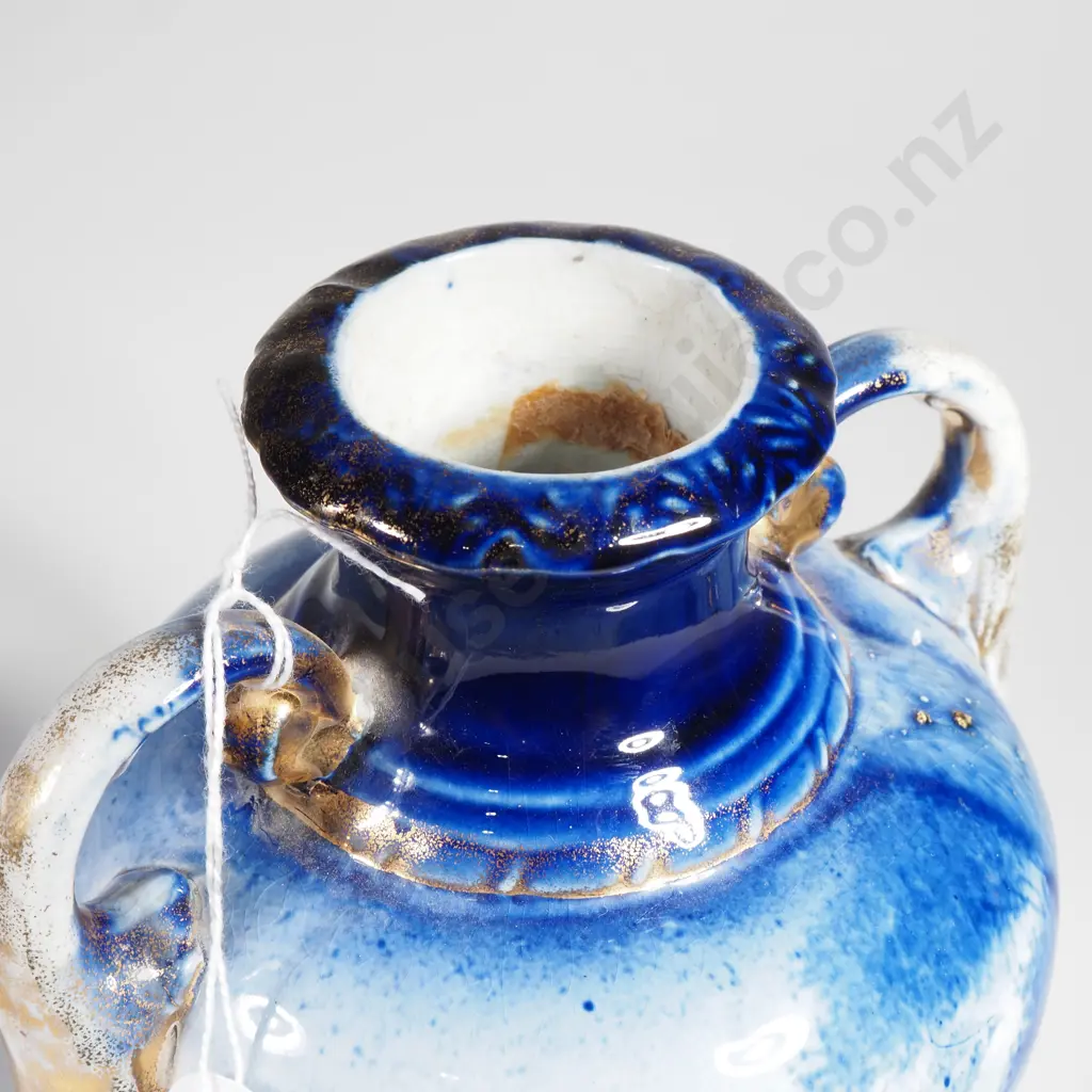Antique Flow Blue Double Handled Vase w Cattle Scene & Gilt Highlights Image 1++