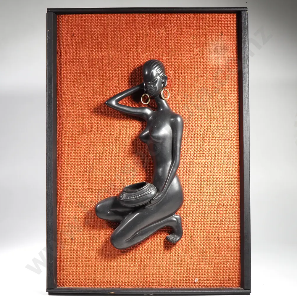 Mid Century Wall Mounted Sculpture of a Kneeling Stylized Figure Mounted in a Frame w Textured Orange Burlap Backing Image 1++