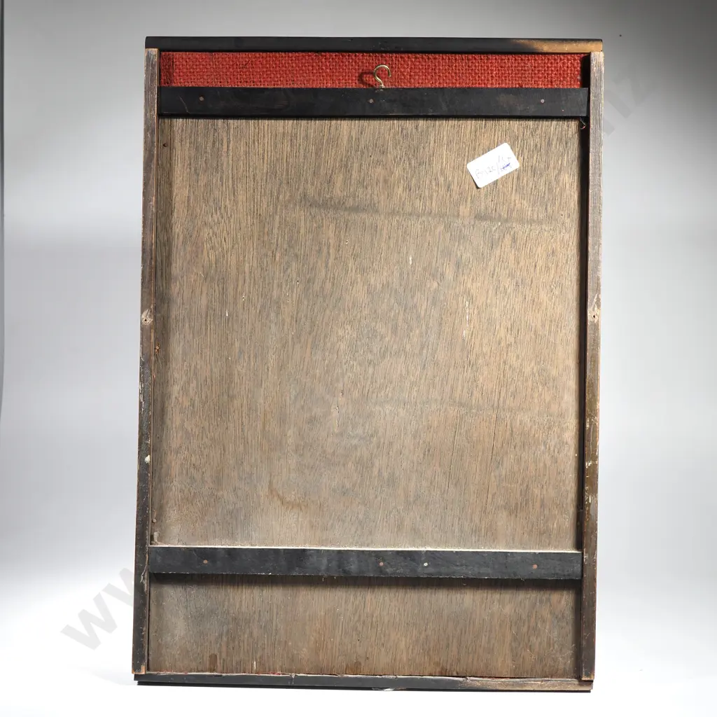 Mid Century Wall Mounted Sculpture of a Kneeling Stylized Figure Mounted in a Frame w Textured Orange Burlap Backing Image 1++