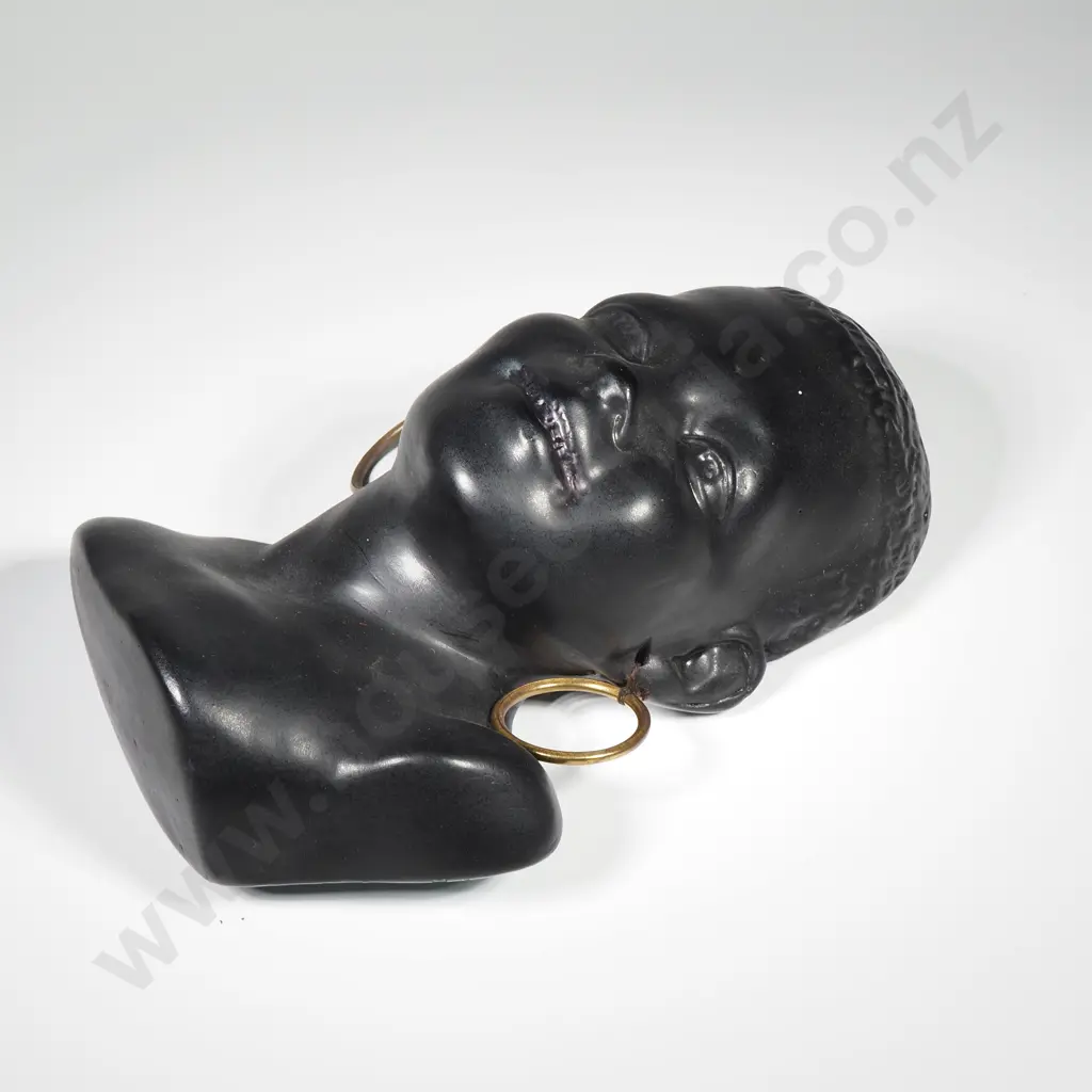Vintage Mid Century Modern Black Chalkware or Plaster Head & Bust Sculpture featuring a Smiling Child w Metal Earrings Image 1++