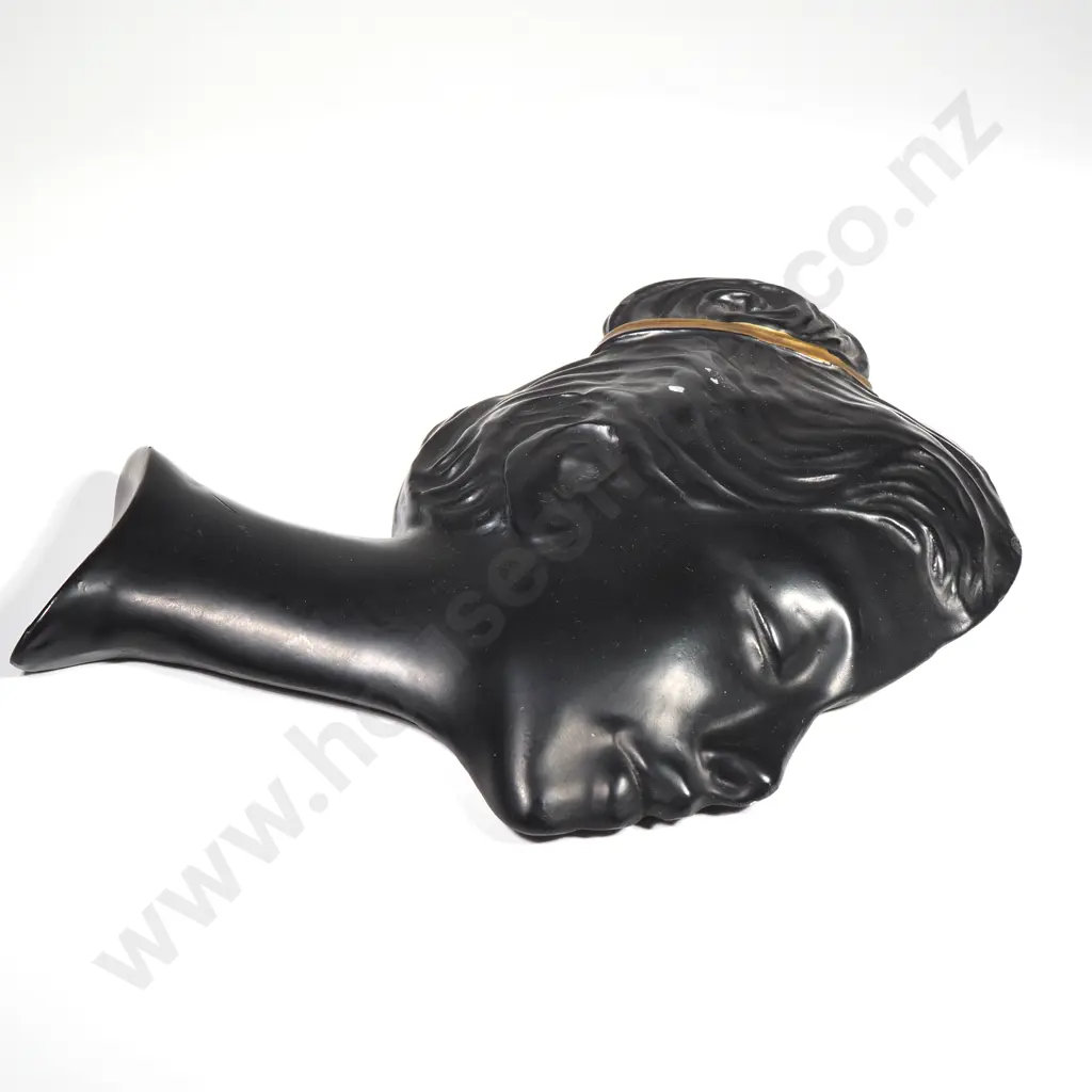 Mid Century Chalkware or Plaster Lady Head Wall Plaque depicting a Woman's Profile in Matt Black w Gold Tone Accent Image 1++