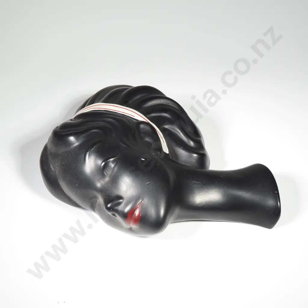 Mid Century Ceramic Lady Head Wall Plaque depicting a Woman's Profile in Black w Red Lipstick & Red & White Hair Band Image 1++