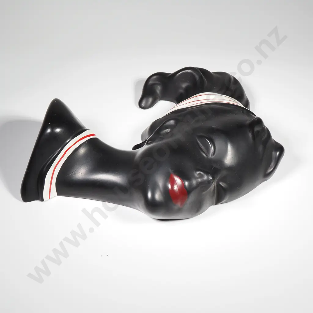 Mid Century Ceramic Lady Head Wall Plaque depicting a Woman's Profile in Black w Red Lipstick & Red Striped Hair Band Image 1++