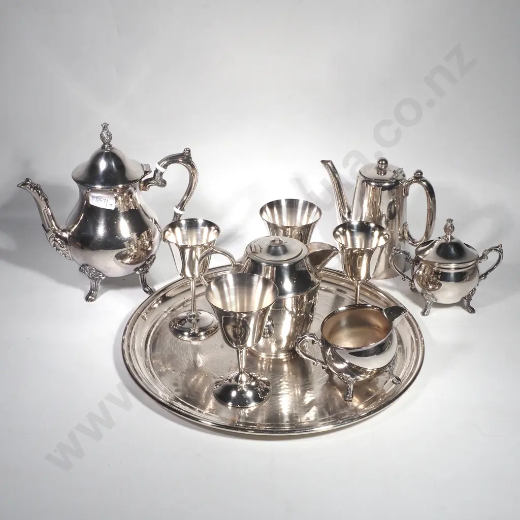 Collection of Silver Plate Items to Include Circular Tray, Coffee Pot, Sugar & Milk Jug, Two Water Jugs & Four Goblets Image 1++