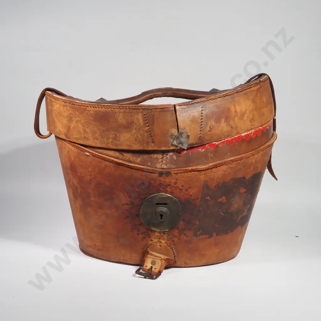 Shaped Leather Top Hat Box Containing a Seal Skin Top Hat w Makers Crest for J Woodrow & Sons Image 1++