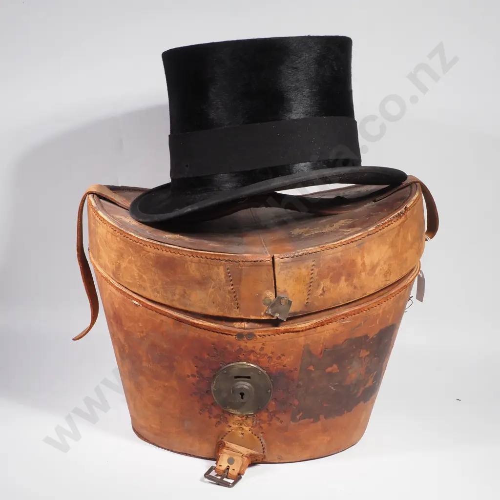 Shaped Leather Top Hat Box Containing a Seal Skin Top Hat w Makers Crest for J Woodrow & Sons Image 1++