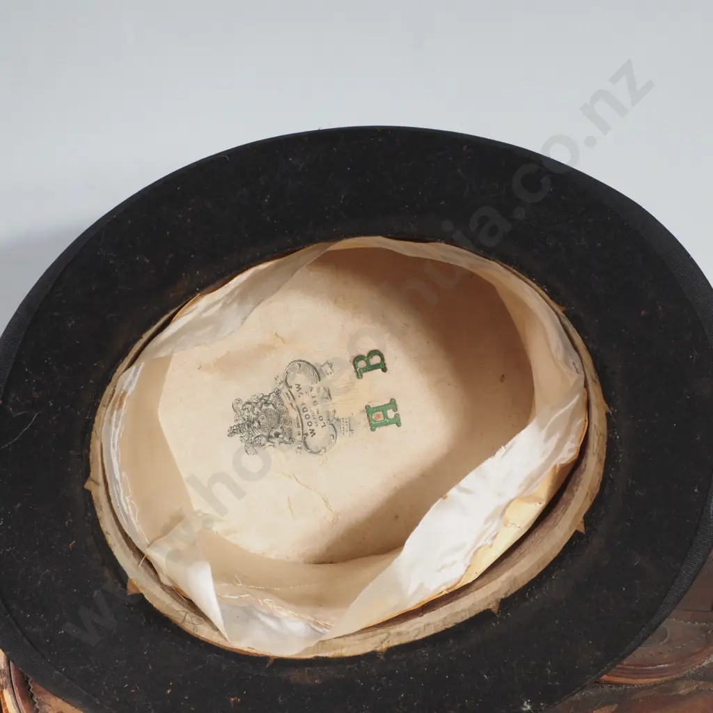 Shaped Leather Top Hat Box Containing a Seal Skin Top Hat w Makers Crest for J Woodrow & Sons Image 1++