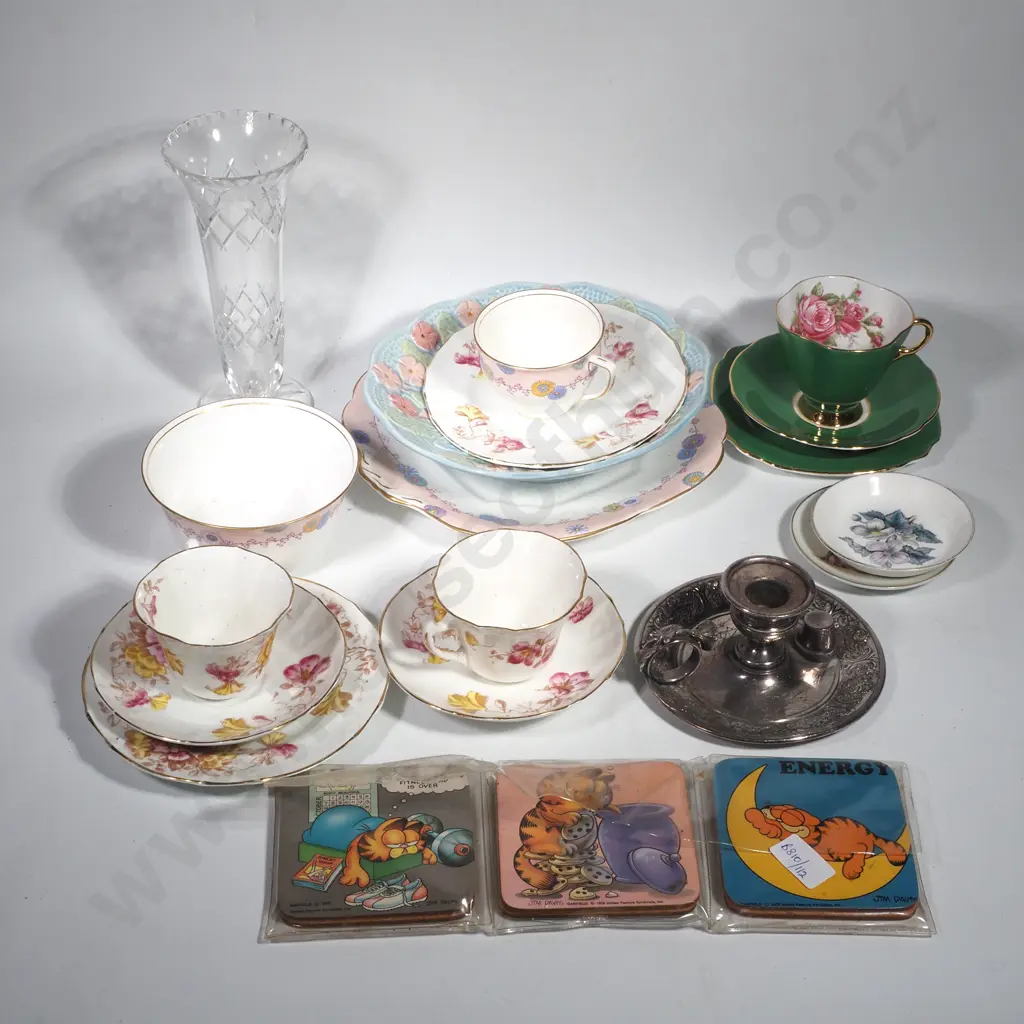 Collection of Items to include a Silver Plate Wee Willie Winkie Candlestick, Crystal Vase, Garfield Coasters, Melba Ware Image 1++